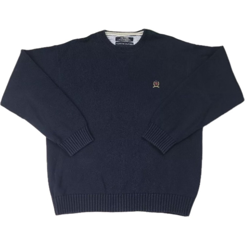 Tommy Hilfiger L Mens Navy Blue Logo Crest Knit Long Sleeve Sweater New no Tag